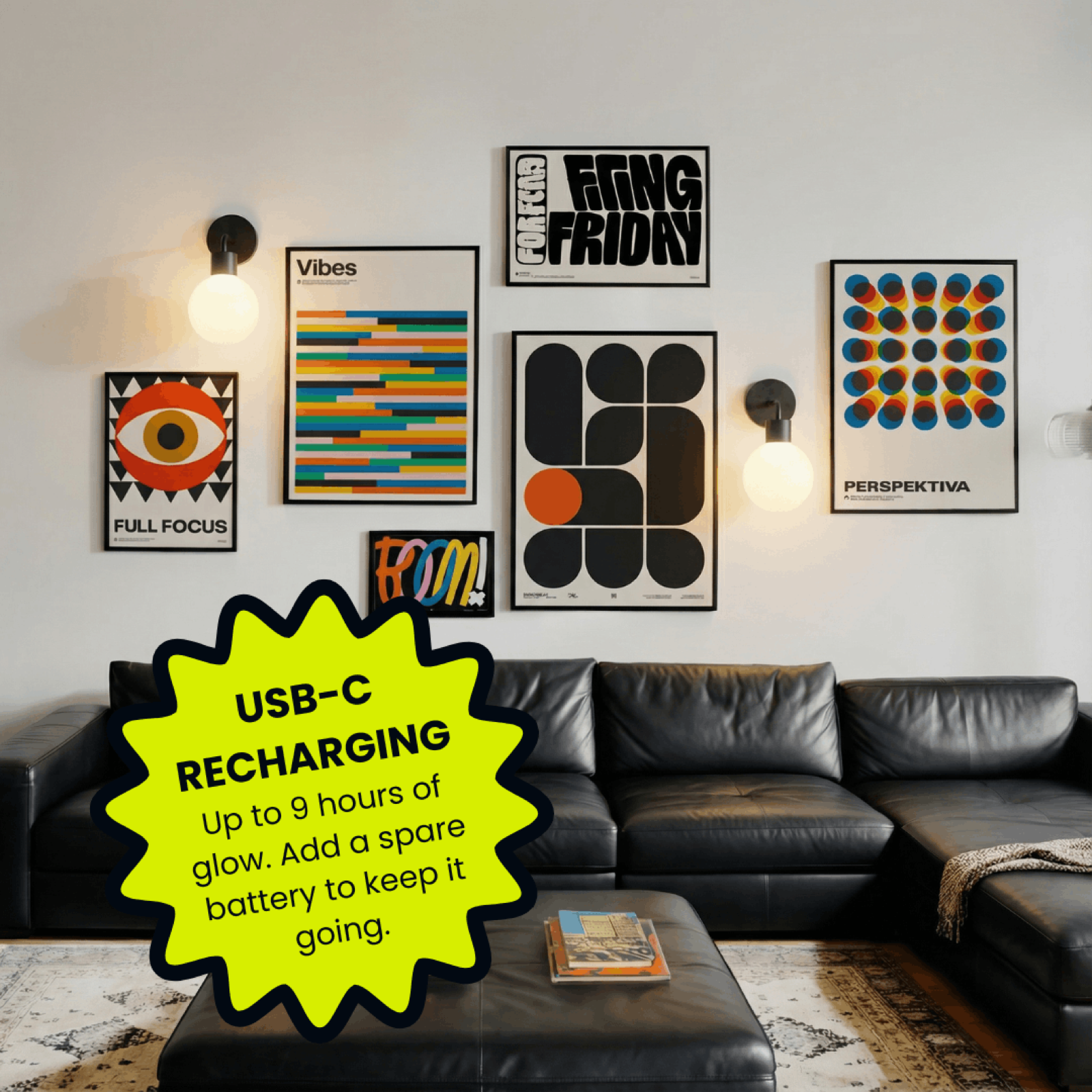 Matte Black Poplight wall light sconces with USB-C rechargeable battery pack.