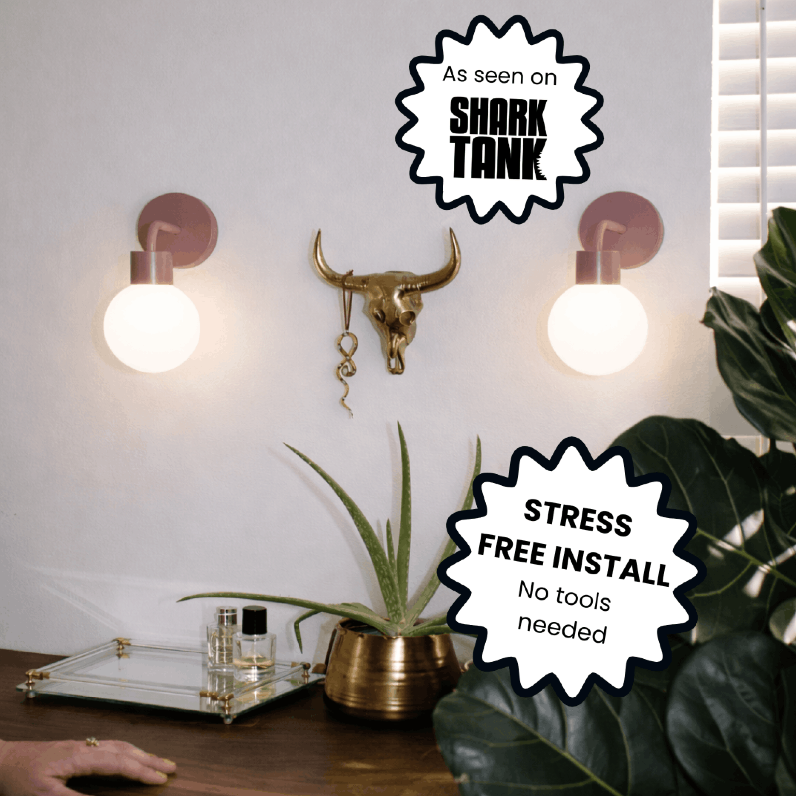 Dusty Rose Poplight product image with renter-friendly wall lighting callout.